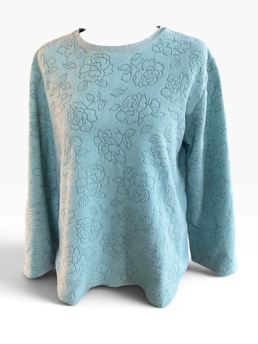 Oscar de la Renta Womens S Mint Blue Floral Embossed Fleece Pajama Lounge Top